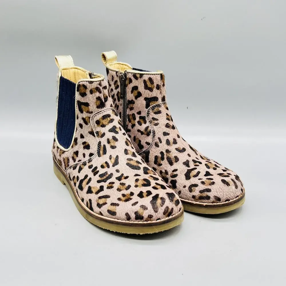 Mini Boden Boots Girls 1 Brown Leopard Print Calf Hair Chelsea Ankle Zip Shoes